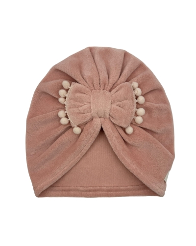 Jesienny, welurowy turban kokarda pompon pastel