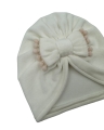 Jesienny, welurowy turban kokarda pompon ecru