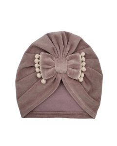 Jesienny, welurowy turban kokarda pompon brudny róż