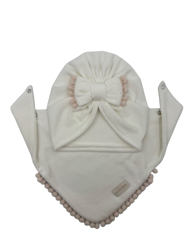 Zestaw jesienny, welurowy turban + chusta ecru pompons