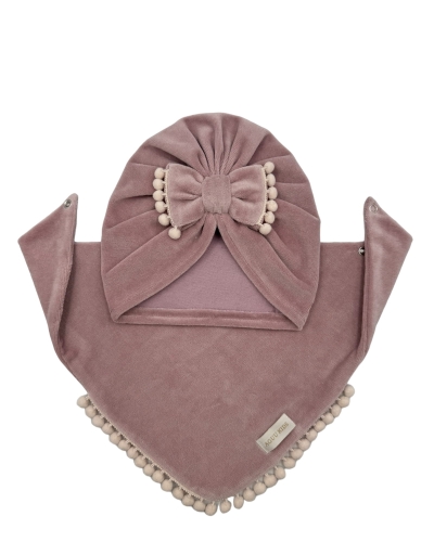 Zestaw jesienny, welurowy turban + chusta pastel brudny róż