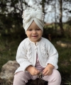 Jesienny, welurowy turban kokarda pompon ecru