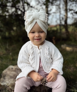 Jesienny, welurowy turban kokarda pompon ecru