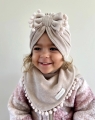 Zestaw jesienny, welurowy turban + chusta beżowy pompon