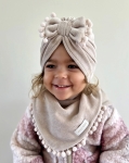 Komplet dla dziewczynki  welurowy turban + chusta beżowy pompon