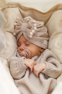 Jesienny, welurowy turban kokarda pompon beż