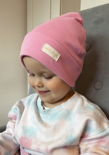 Czapka różowa podwójny prążek dla dziewczynki