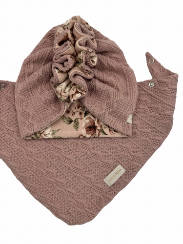 Sweterkowy zestaw turban falbanka + chusta brudny róż