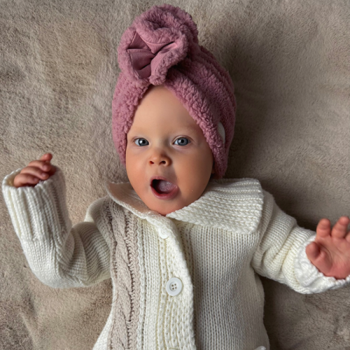 Zimowy turban falbanka baranek brudny róż babygirl