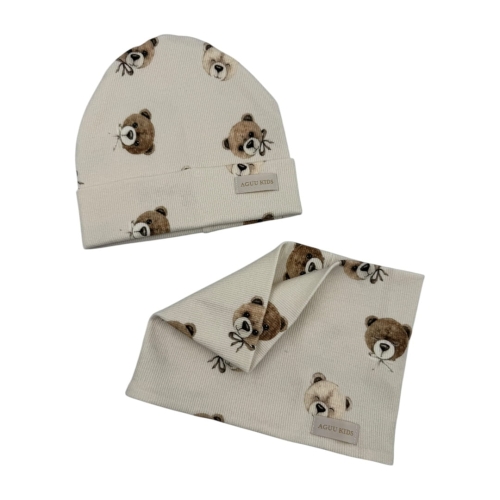 Czapka z kominem dla chłopca misie na kremie