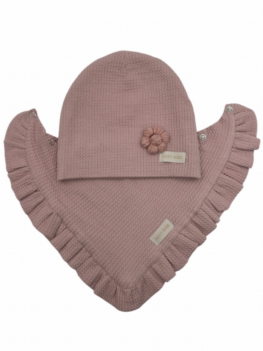 Zestaw czapka z kwiatem + komin dla dziewczynki brudny róż