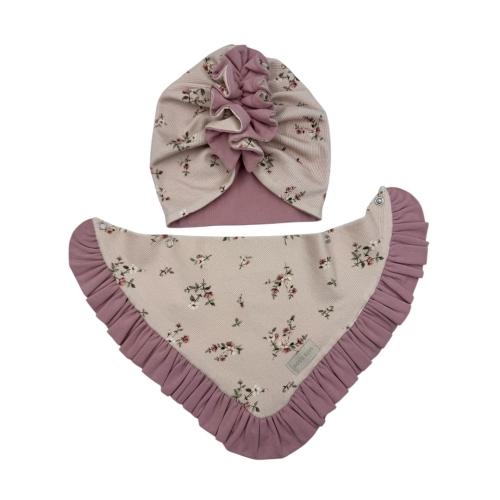 Turban falbanka + chusta z falbanką róże na różu babygirl