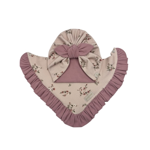 Komplet turban supełek drobne róże + chusta dla dziewczynki