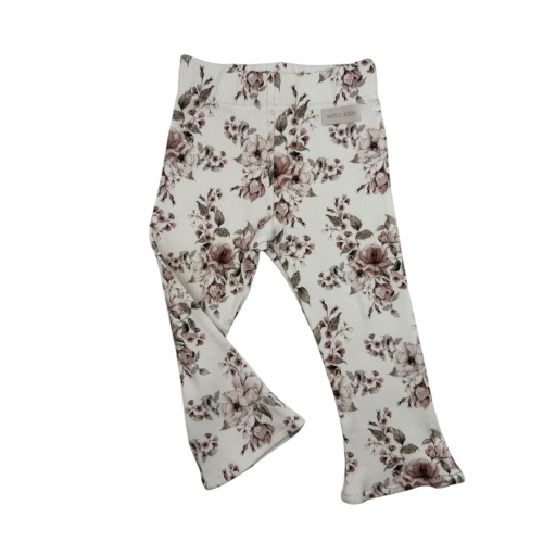 Spodnie dzwony dla dziewczynki prążek kwiaty na ecru