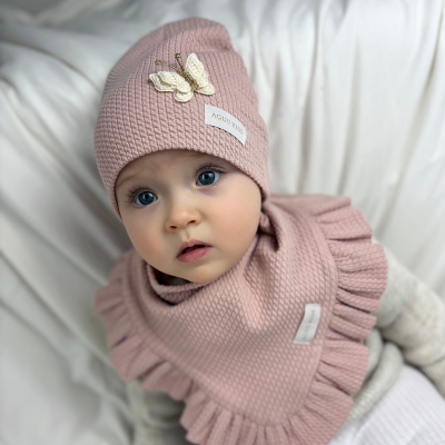 Czapka z motylem + chusta wiosna 2025 pastelowy róż