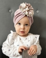 Wiosenny turban kwiatowy wzór + ażurek brudny róż babygirl