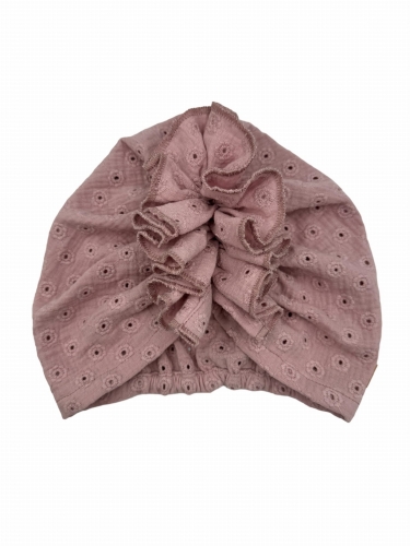 Turban falbanka muślin haftowany brudny róż na lato