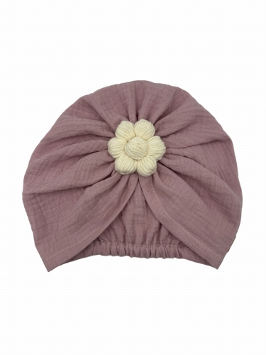 Muślinowy turban z ręcznie robionym kwiatem brudny róż
