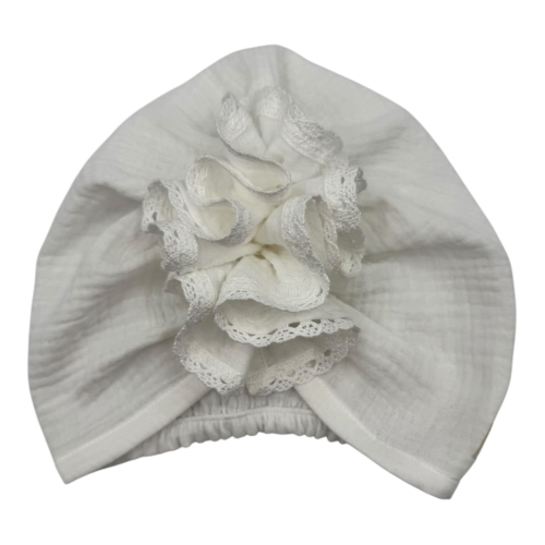 Muślinowy turban kapelusz z eleganckim haftem śmietankowa biel