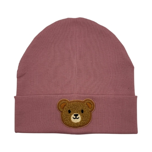 Czapka dla dziewczynki z misiem prążek brudny róż