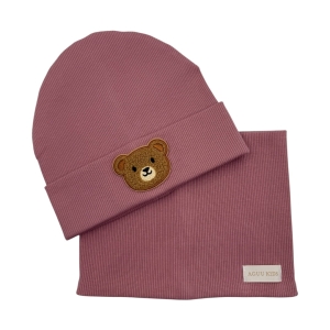 Zestaw dla dziewczynki czapka z kominem prążek brudny róż 