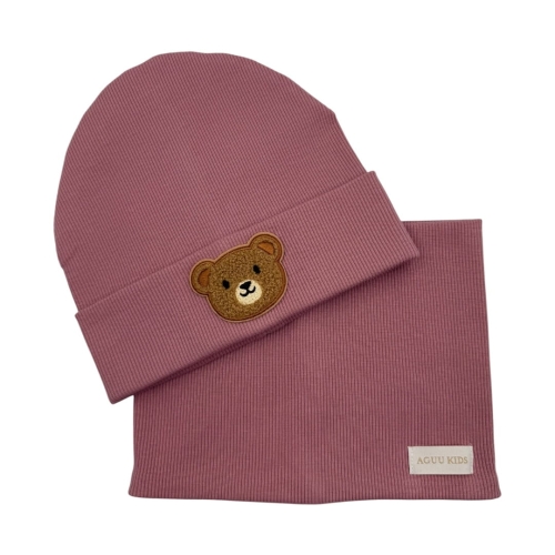 Zestaw dla dziewczynki czapka z kominem prążek brudny róż