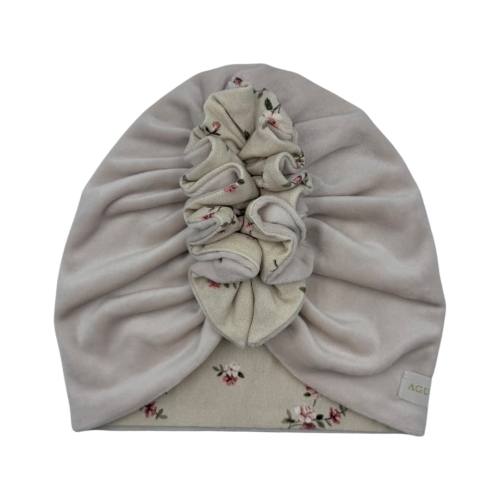 Jesienny podwójny turban falbanka welur beż + drobne różyczki