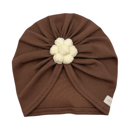 Czekoladowy turban z prążka z kwiatkiem handmade