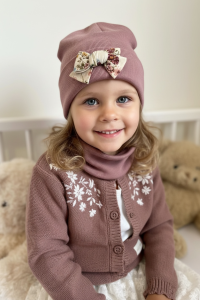 Czapka dziecięca z kokardą + komin brudny róż 