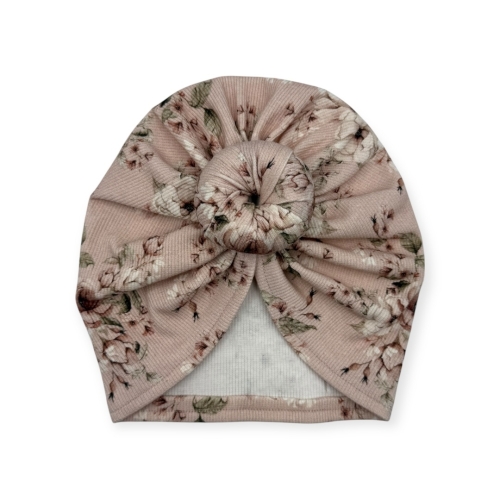 Turban donut wiosenny wzór newbie na różu