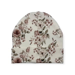 Czapka dla dziewczynki z prążka kwiaty na ecru newbie