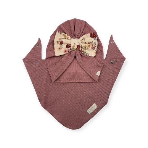 Wiosenny zestaw turban z kwiatową kokardą + chusta brudny róż