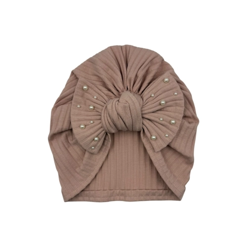 Turban dla dziewczynki z kokardą i perełkami pastelowy róż