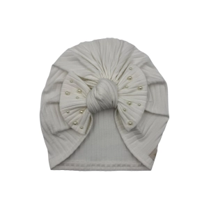 Turban dla dziewczynki z kokardą i perełkami prążek ecru