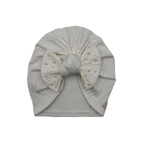 Turban dla dziewczynki z kokardą i perełkami prążek ecru