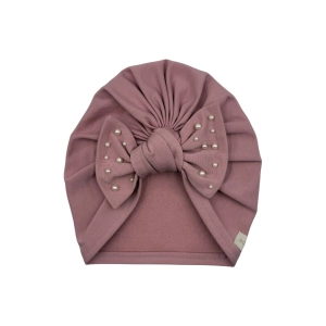 Turban dla dziewczynki z kokardą i perełkami pustynny róż 
