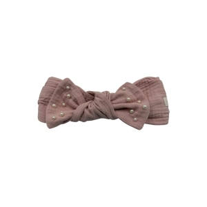 Opaska dla dziewczynki z kokardą i perełkami 100% muślin pastelowy