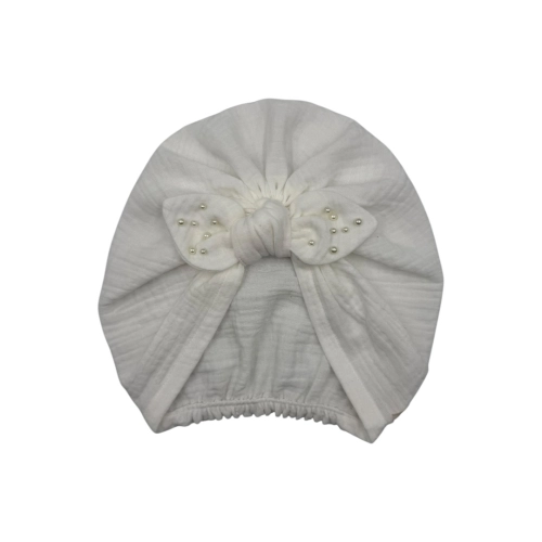 Muślinowy turban supeł perełki dla dziewczynki ecru