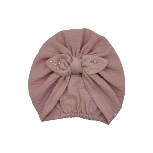 Muślinowy pastelowy róż turban supeł perełki dla dziewczynki 