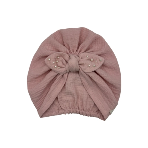 Muślinowy pastelowy róż turban supeł perełki dla dziewczynki