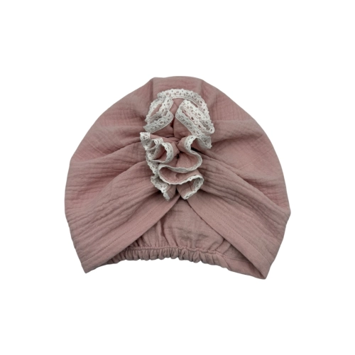 Turban falbanka muślin z haftem pastelowy róż