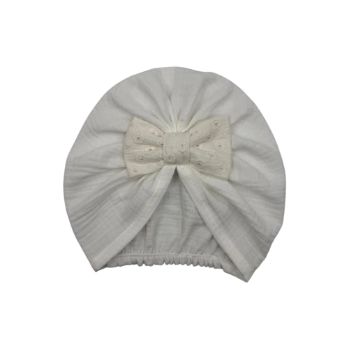 Muślinowy turban z haftowaną kokardą ecru lato 26
