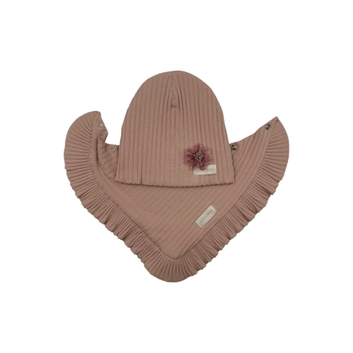 Wyjątkowy zestaw z kwiatkiem prążek pastelowy czapka i chusta