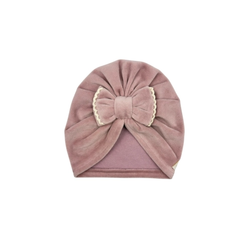 Brudny róż turban/czapka z kokardą ozdobny haft