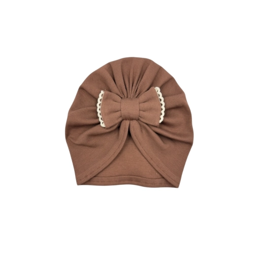 Czekoladowa czapka/turban kokarda z delikatnym haftem
