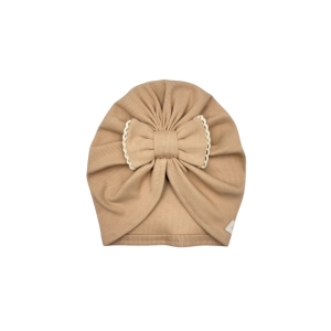Turban kokarda prążek z ozdobnym haftem beżowa