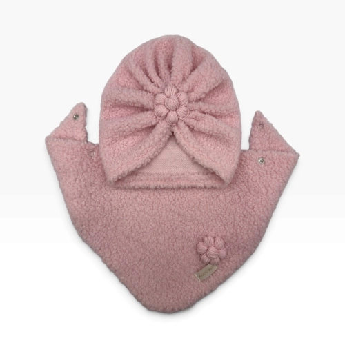 Zimowy zestaw turban z chustą owieczka jasny róż