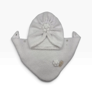 Biały zestaw turban + chusta z ręcznie robionym kwiatem