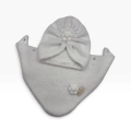 Biały zestaw turban + chusta z ręcznie robionym kwiatem