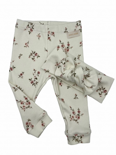Legginsy dla dziewczynki drobne róże ecru prążek